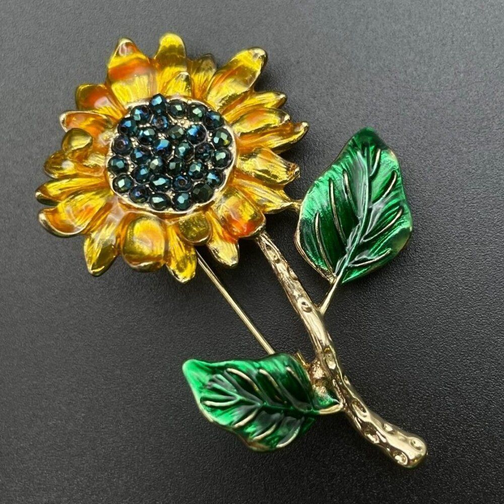 Yellow Gold with Dark AB Crystal Single Stemmed Sunflower Pin Back Brooch